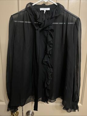 Frame Denim Black Sheer Ruffle Tie-Neck Blouse